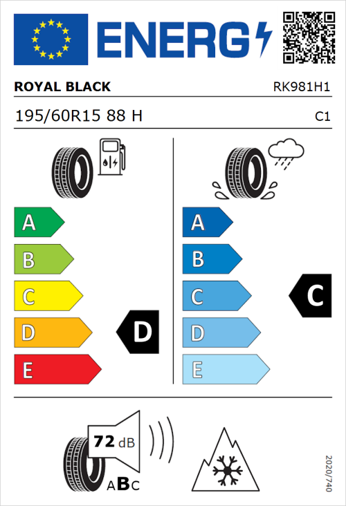 Tyre Label for Royal Black Royal A/S 195/60R15 88H