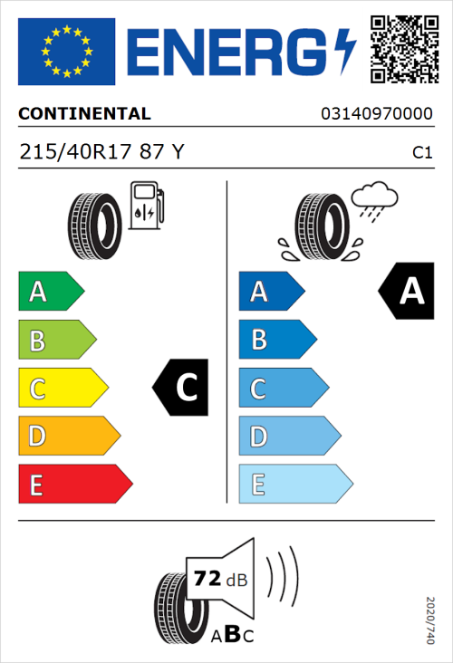 Tyre Label for Continental UltraContact 215/40R17 87Y