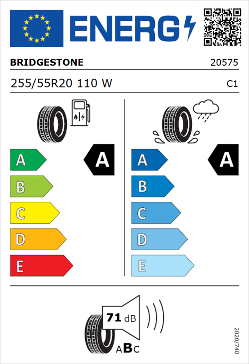 Tyre Label for Bridgestone Turanza 6 255/55R20 110W