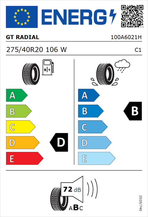 Tyre Label for GT Radial Sport Active 275/40R20 106W