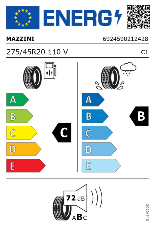 Tyre Label for Mazzini Eco 607 275/45R20 110V
